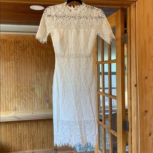 Women's Lulu's Remarkable White Sheer Floral Lace Fitted Short Sleeve Mini Dress